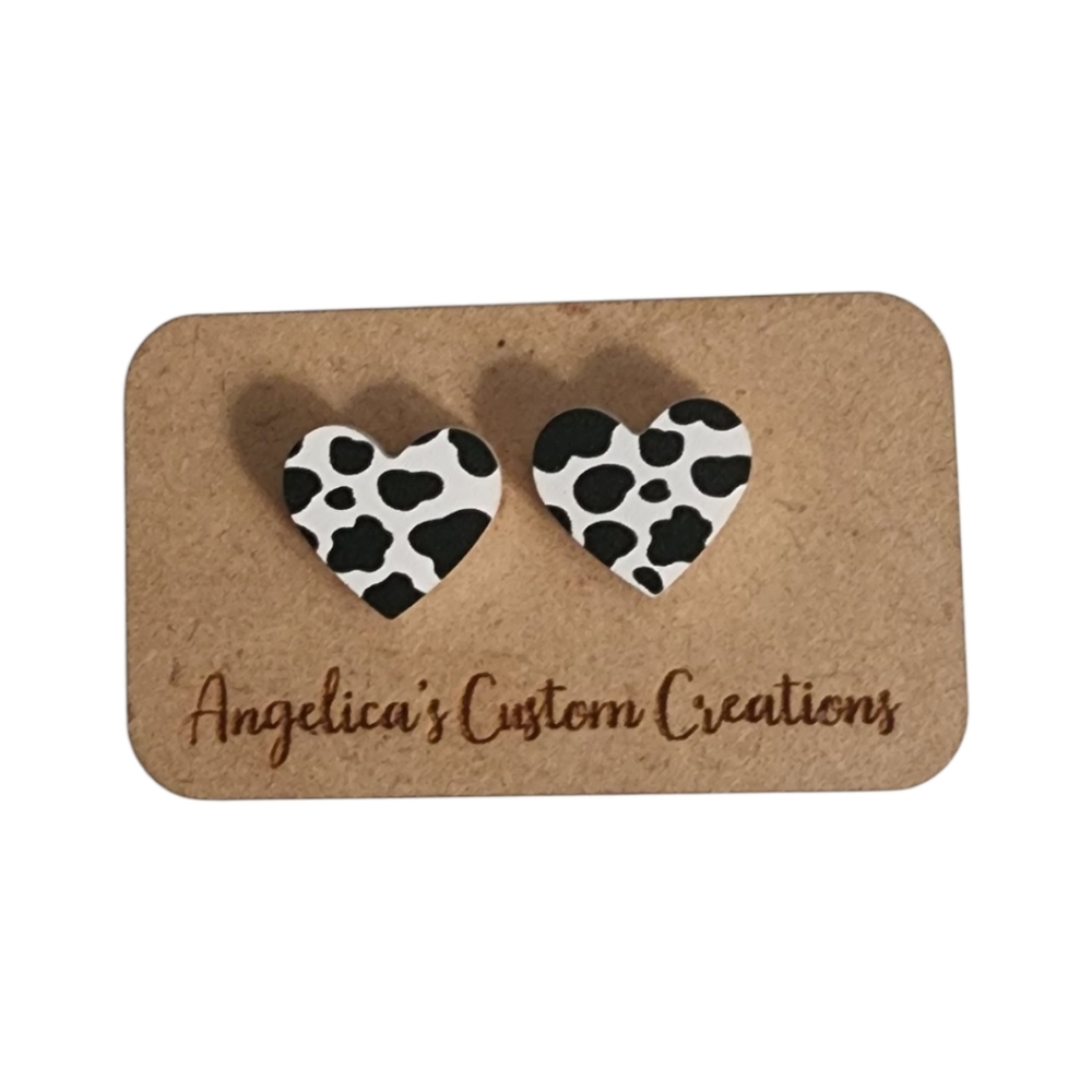 Cow Print Heart Wood Stud Earrings
